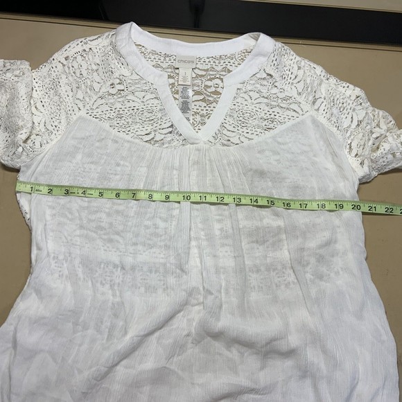 Chicos Lace Detail Popover Tunic Blouse Top Cream Bell Sleeves Feminine Size M - Picture 10 of 12